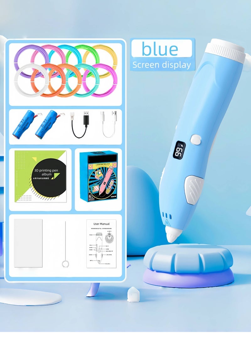 The 3D printing pen with display comes with dual batteries and 8 random color filaments.. - No need to buy extra filaments to start your 3D art journey! Whether you are sketching, crafting or building, you can enjoy unlimited color combinations right out of the box. (Blue) - Image 1