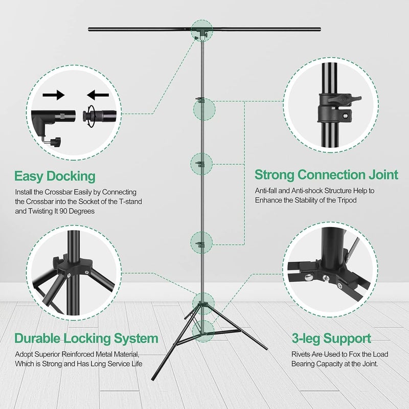 EMART Widely used design Green Screen Background with Stand, 1.5x2.6m(5x8.5ft) Portable T-Shape Backdrop Support Greenscreen with 1.5x2m(5x7ft), Photography Studio Kit for Chroma Key, Video, Shooting, Streaming Light & heavy use compatible - Image 4