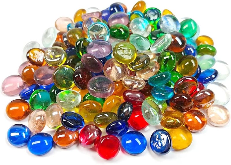 Meschett 2 lb Mini Glass Beads, Mixed Colour Mancala Stones, Flat Bottom Marble Beads for Home, Decorative Arts, Crafts and Vase Filling (0.5 inches ~ 0.7 Inches) Approximately 340 Pieces - Image 1