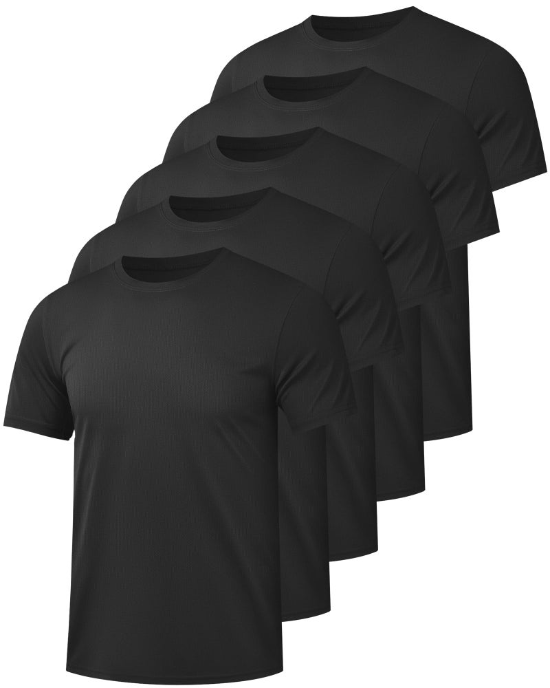 Kinglaman 5 Pack Mesh Workout Shirts for Men Dry Fit Gym Shirts Quick Dry Athletic Short Sleeve Sports T-Shirt Moisture Wicking 5 Black Large - Image 1