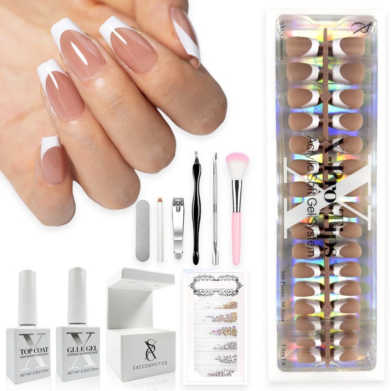 SXC Cosmetics French Tip Press On Nails Brown Series, Small Coffin X-Pro Tips Starter Kit - Image 1