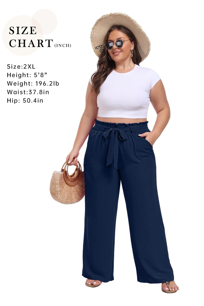 IWOLLENCE Women's Wide Leg Pants with Pockets High Waist Adjustable Knot Loose Casual Trousers Business Work Casual Pants Dark Blue Medium - Image 4