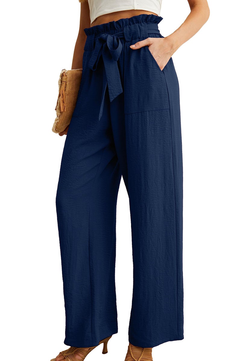 IWOLLENCE Women's Wide Leg Pants with Pockets High Waist Adjustable Knot Loose Casual Trousers Business Work Casual Pants Dark Blue Medium - Image 2
