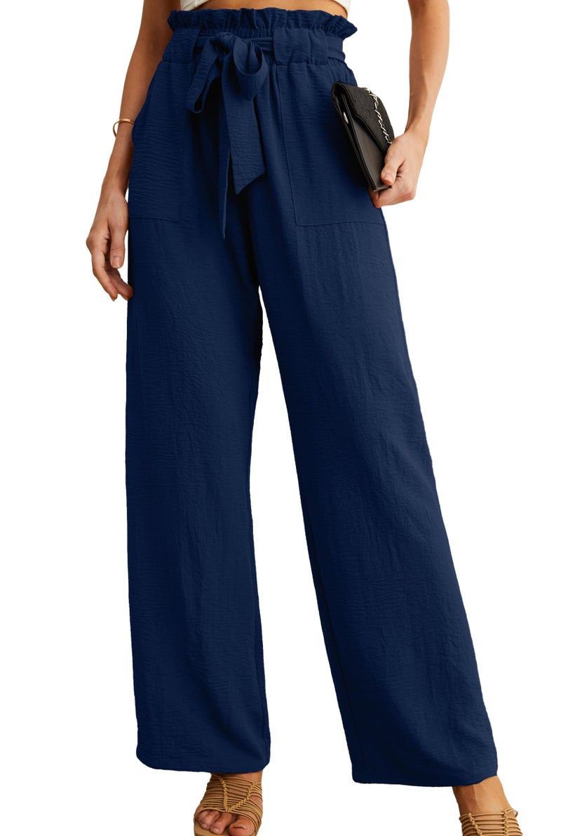 IWOLLENCE Women's Wide Leg Pants with Pockets High Waist Adjustable Knot Loose Casual Trousers Business Work Casual Pants Dark Blue Medium - Image 1
