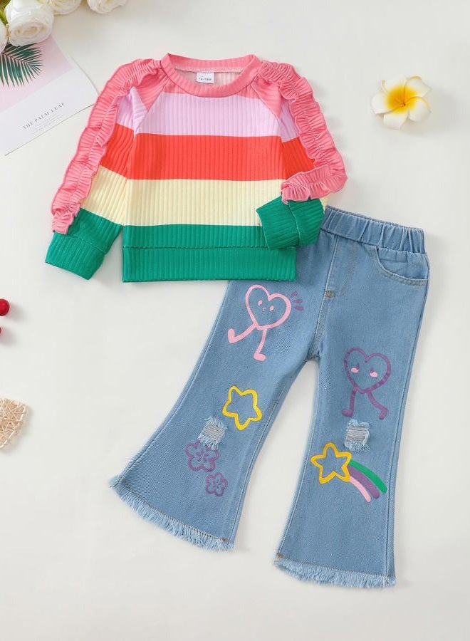 Renotemy Toddler Baby Girl Clothes Fall Winter Outfits Gifts Sweatshirt Jeans Bell Bottom Pants Set for 12Months-5 Year Girls, Multicolor, 12-18 Months - Image 2