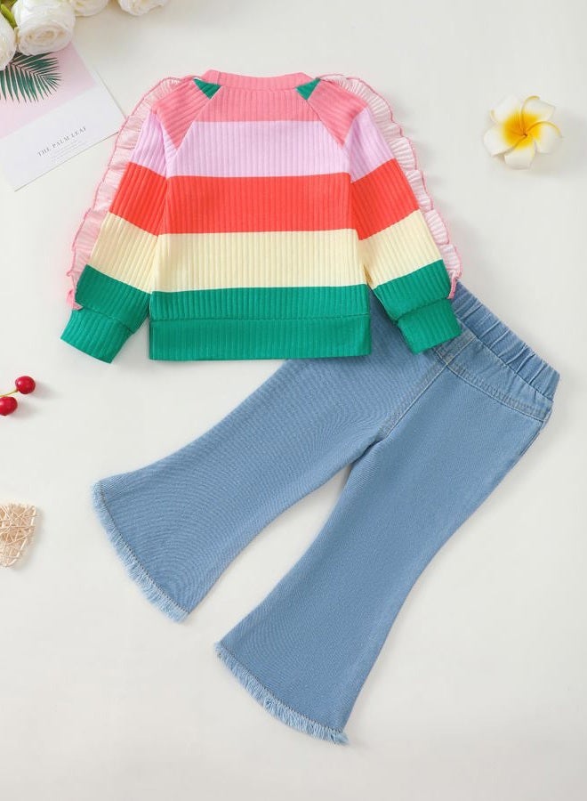 Renotemy Toddler Baby Girl Clothes Fall Winter Outfits Gifts Sweatshirt Jeans Bell Bottom Pants Set for 12Months-5 Year Girls, Multicolor, 12-18 Months - Image 3