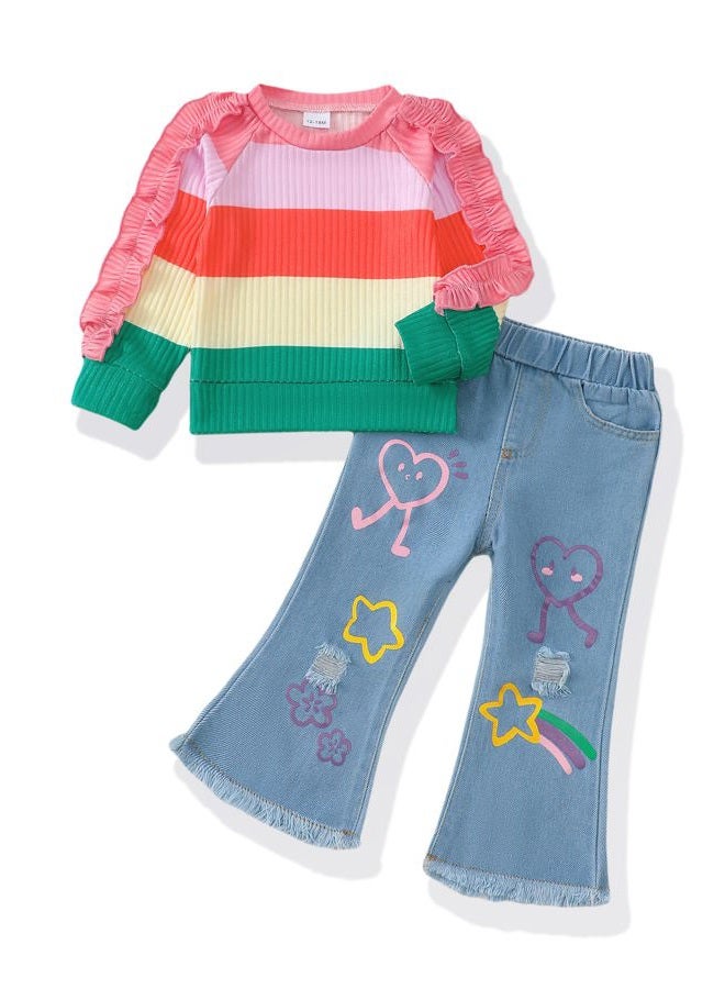 Renotemy Toddler Baby Girl Clothes Fall Winter Outfits Gifts Sweatshirt Jeans Bell Bottom Pants Set for 12Months-5 Year Girls, Multicolor, 12-18 Months - Image 1