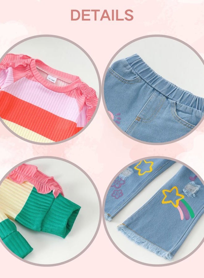 Renotemy Toddler Baby Girl Clothes Fall Winter Outfits Gifts Sweatshirt Jeans Bell Bottom Pants Set for 12Months-5 Year Girls, Multicolor, 12-18 Months - Image 5