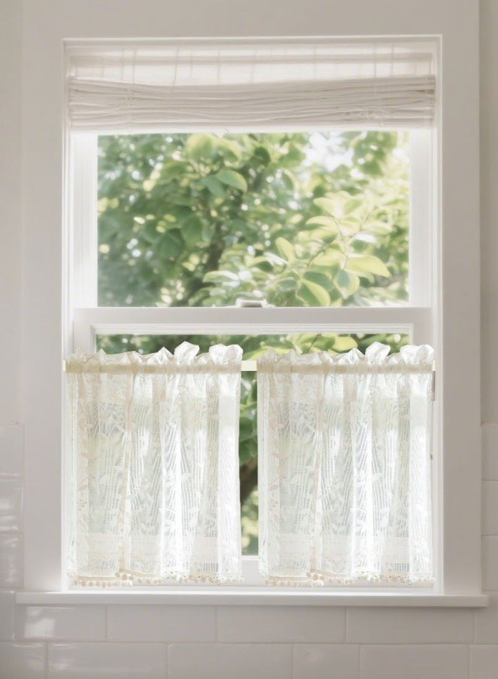 White Lace Coffee Curtains 48cm Length Sets of 2, over Sink Short Kitchen Curtains for Small Window Sheer for Bathroom Windows Cabinet Laundry Room Decor, 2 Panels 60cm W x 48cm L - Image 1