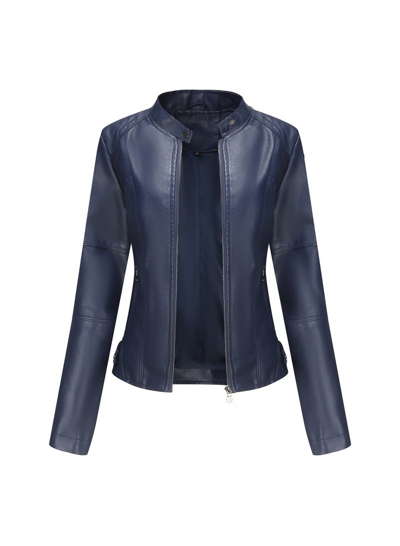 Women's Leather Suit Slim Fitting Jacket Thin Motorcycle Suit Stand Collar Leather Jacket Dark Blue - Image 1