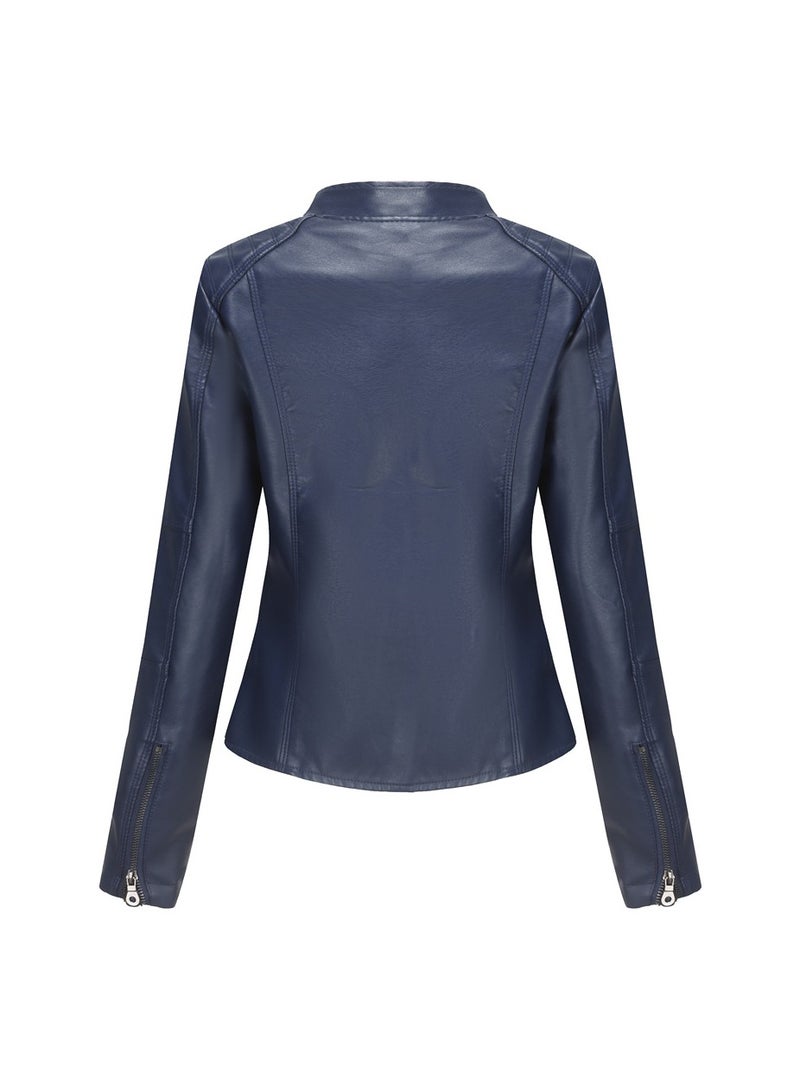 Women's Leather Suit Slim Fitting Jacket Thin Motorcycle Suit Stand Collar Leather Jacket Dark Blue - Image 2