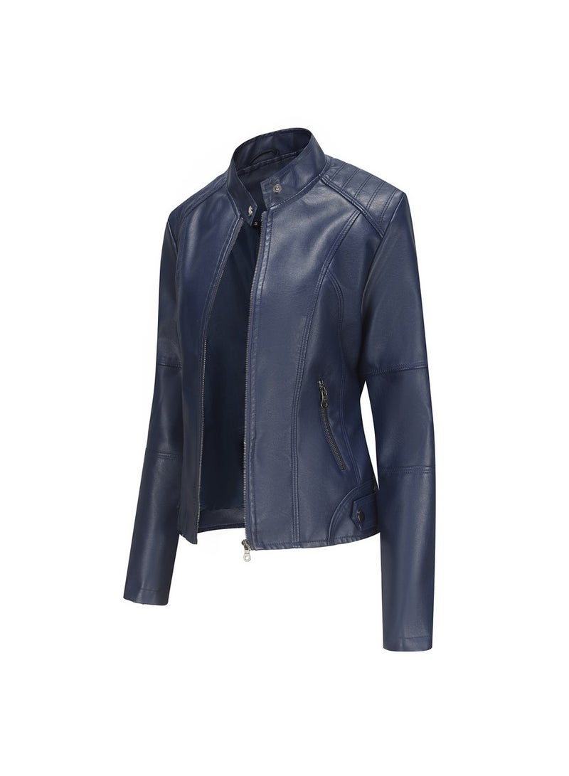 Women's Leather Suit Slim Fitting Jacket Thin Motorcycle Suit Stand Collar Leather Jacket Dark Blue - Image 3