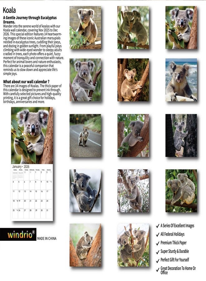 windrio 2026 Wall Calendar,Calendar 2026, November 2025 - December 2026, Wall Calendar Koala, 12" x 24" Opened,Full Page Months Thick & Sturdy Paper for Gift Perfect Calendar Organizing & Planning - Image 2