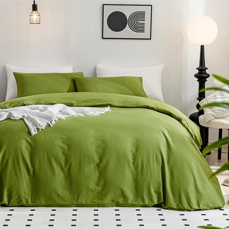JELLYMONI Avocado Green Duvet Cover Queen Size - 100% Washed Cotton Linen Like Textured Comforter Cover, 3 Pieces Breathable Soft Bedding Set with Zipper Closure (Avocado Green, Queen 90"x90") - Image 1