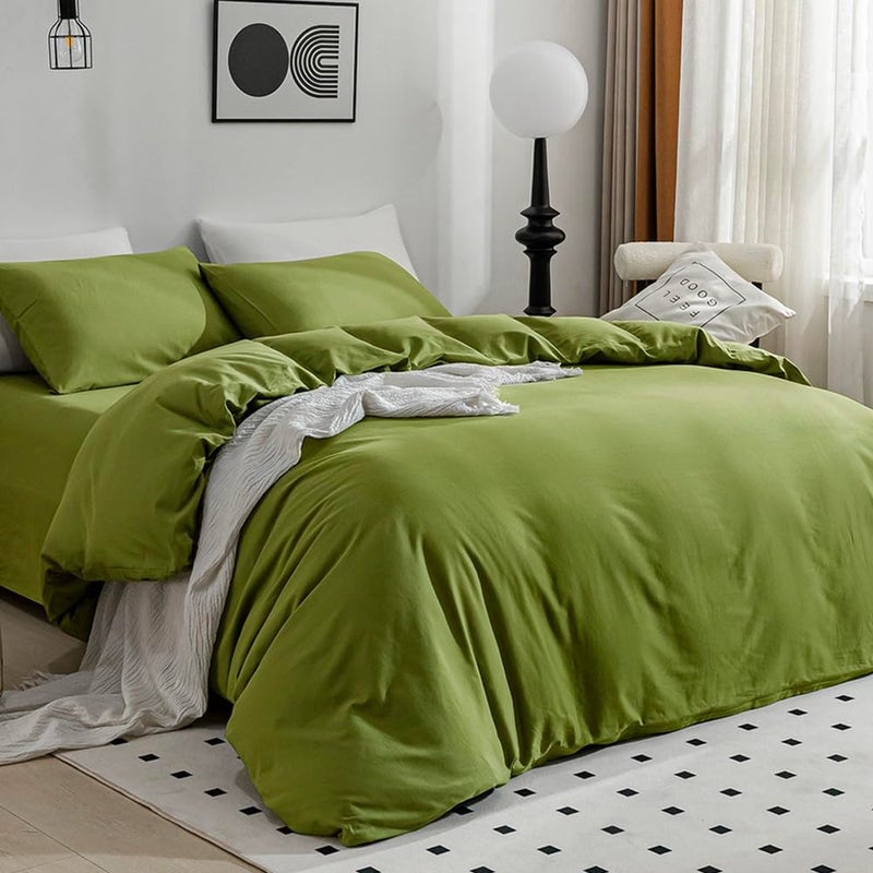JELLYMONI Avocado Green Duvet Cover Queen Size - 100% Washed Cotton Linen Like Textured Comforter Cover, 3 Pieces Breathable Soft Bedding Set with Zipper Closure (Avocado Green, Queen 90"x90") - Image 2