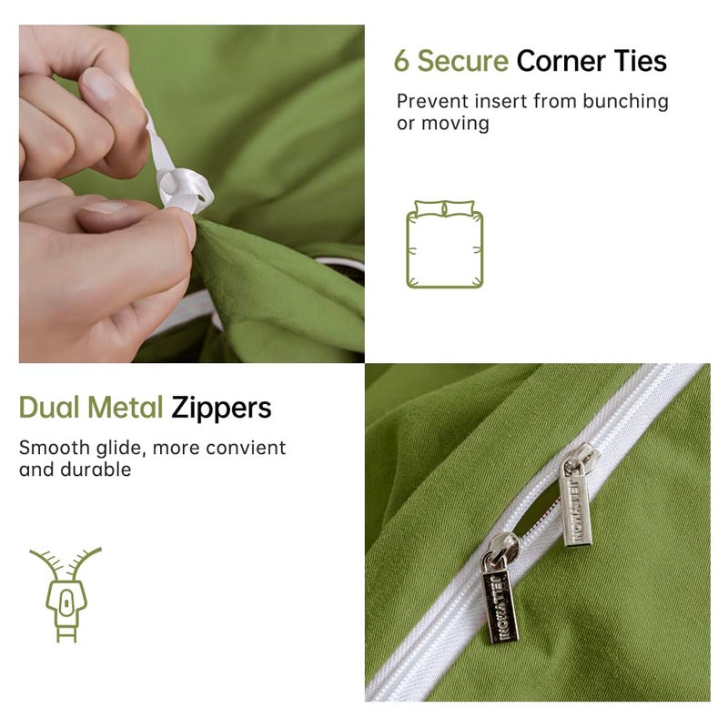 JELLYMONI Avocado Green Duvet Cover Queen Size - 100% Washed Cotton Linen Like Textured Comforter Cover, 3 Pieces Breathable Soft Bedding Set with Zipper Closure (Avocado Green, Queen 90"x90") - Image 5