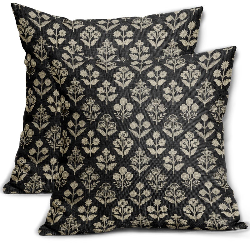 Sivirary Black Floral Block Print Pillow Covers 20x20 Inch Set of 2, Vintage Flower Pattern Decorative Throw Pillowcases Outdoor Farmhouse Cushion Covers Spring Summer Rustic Sofa Couch Bed Decor - Image 1
