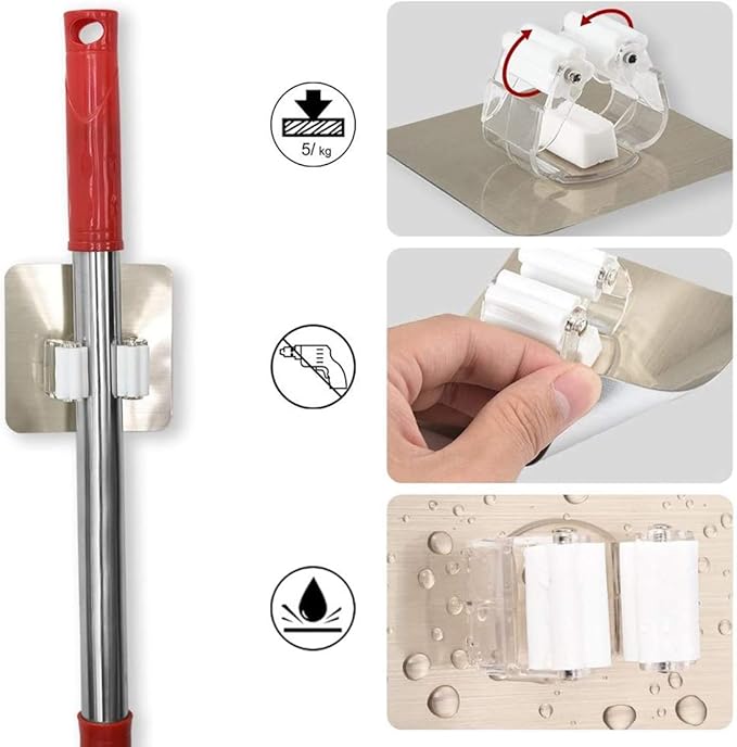 Barakah 4 Pcs Mop Broom Holder Self Adhesive Organizer Wall Mount Clips for Kitchen Bathroom Closet Garden Garage (White) - Image 3