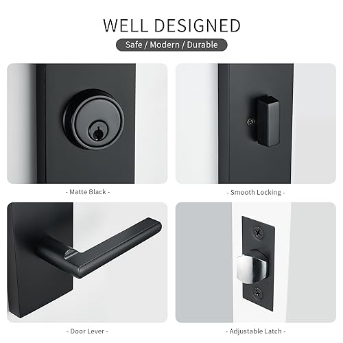 SNBTLA Matte-Black Front Door Handle - Modern Entry Door Lock Set with Deadbolt,Exterior Door Lever 3 Keys for Left & Right Hand Door (Black) - Image 3