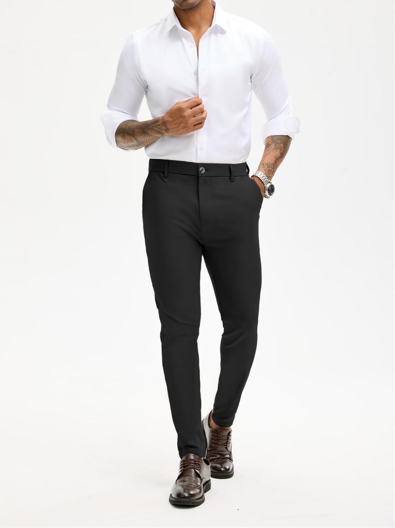 PLEPAN Men's Stretch Dress Pants Slim Fit Chino Casual Slacks Expandable Waist Golf Pant Tapered Black Large - Image 3