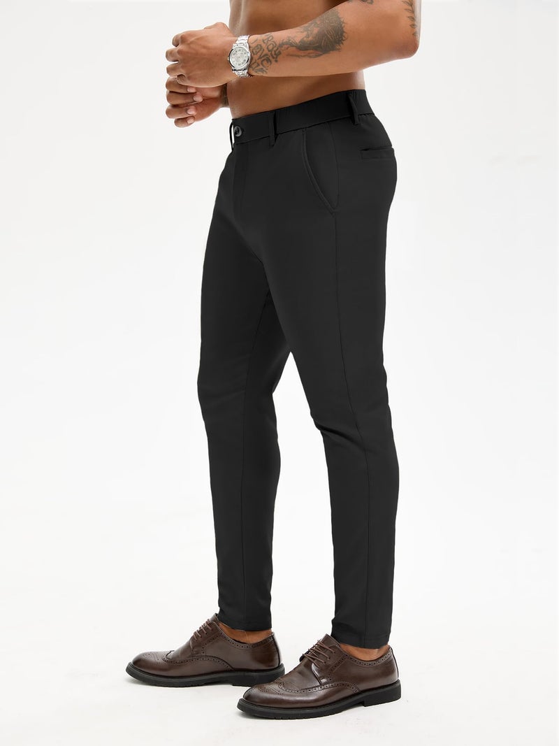 PLEPAN Men's Stretch Dress Pants Slim Fit Chino Casual Slacks Expandable Waist Golf Pant Tapered Black Large - Image 4