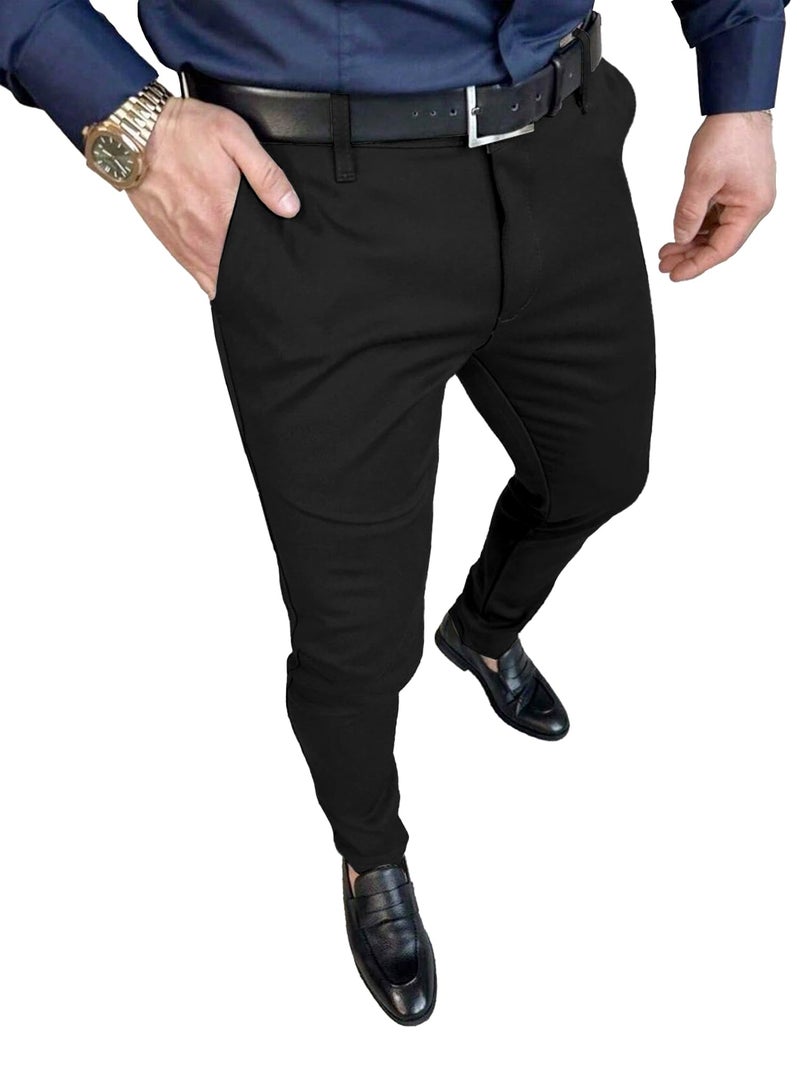 PLEPAN Men's Stretch Dress Pants Slim Fit Chino Casual Slacks Expandable Waist Golf Pant Tapered Black Large - Image 1