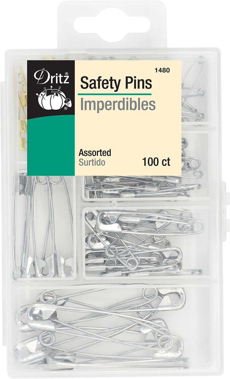 Dritz 1480 Safety Pins with Storage Box, Nickel plated Steel & Brass, Assorted Sizes (100-Count) - Image 1