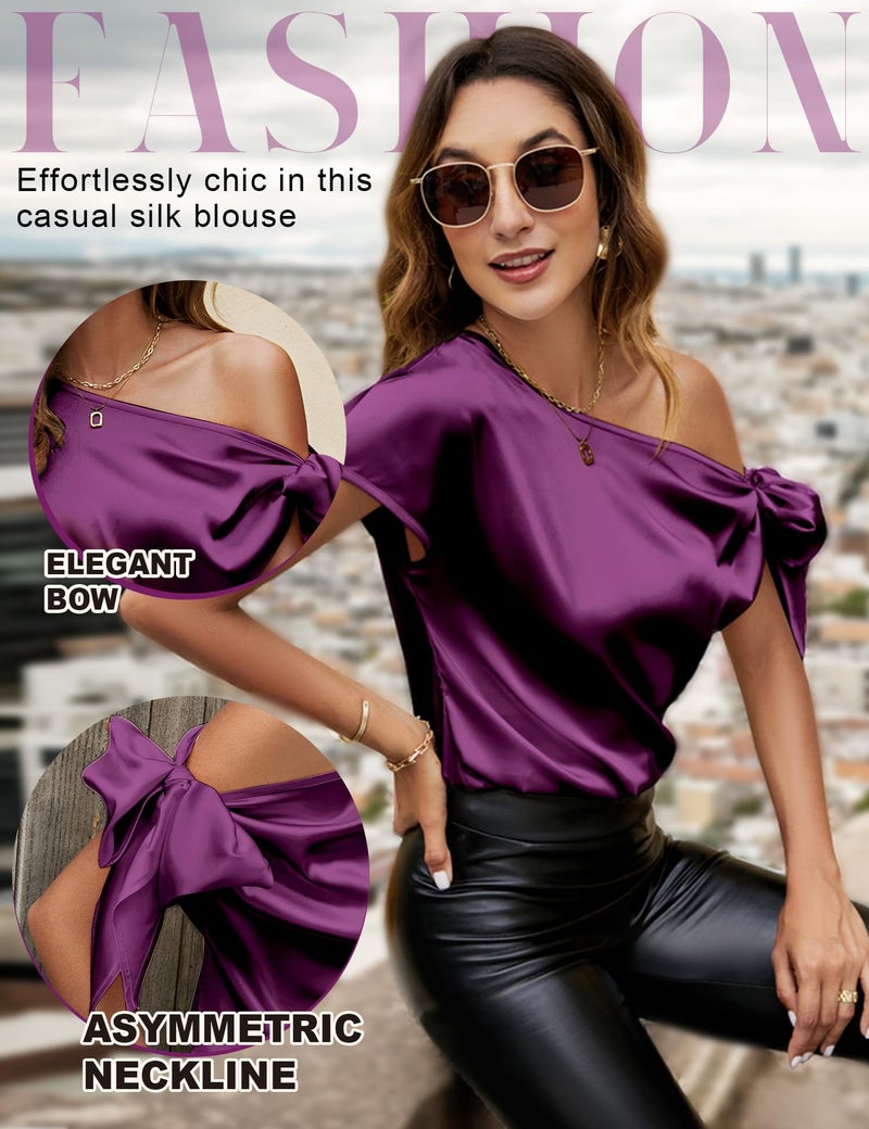 VIDUSSA Women's Off Shoulder Silk Tops Casual Short Sleeve Asymmetrical Neck Satin Blouse Shirts Purple XL - Image 4