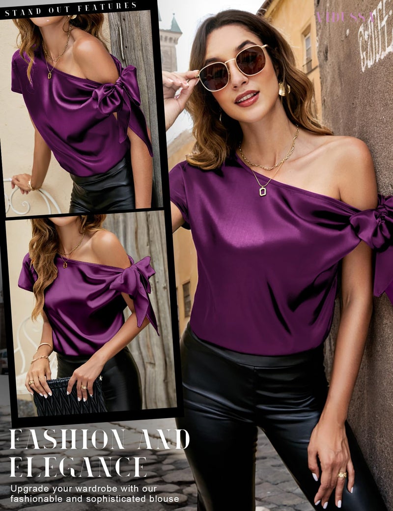 VIDUSSA Women's Off Shoulder Silk Tops Casual Short Sleeve Asymmetrical Neck Satin Blouse Shirts Purple XL - Image 5