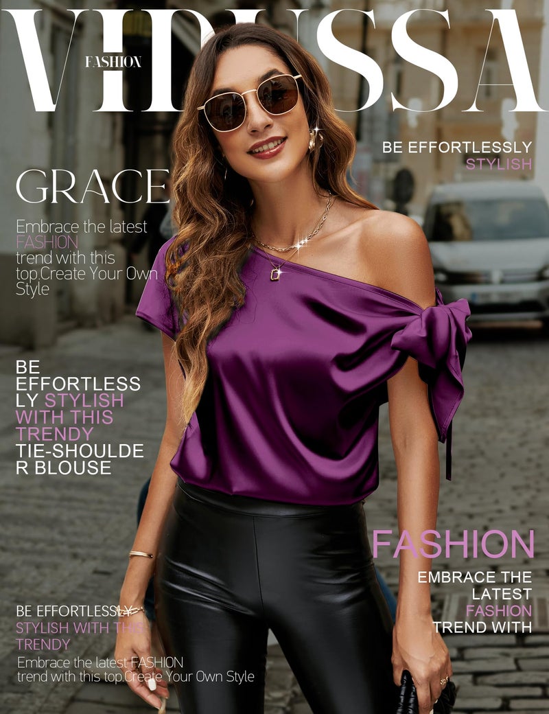 VIDUSSA Women's Off Shoulder Silk Tops Casual Short Sleeve Asymmetrical Neck Satin Blouse Shirts Purple XL - Image 3