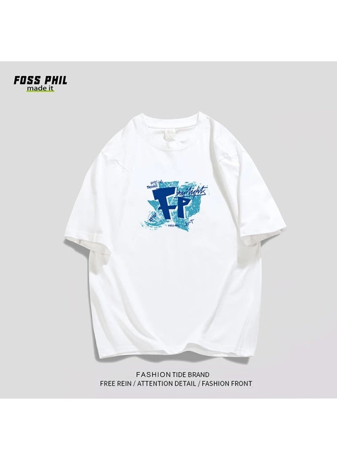 Foss Phil Short-sleeve T-shirt For Men And Women, Summer Pure Cotton Loose Trendy Versatile Printed Undershirt, Men's Clothing Dt05 White 3XL - Image 2