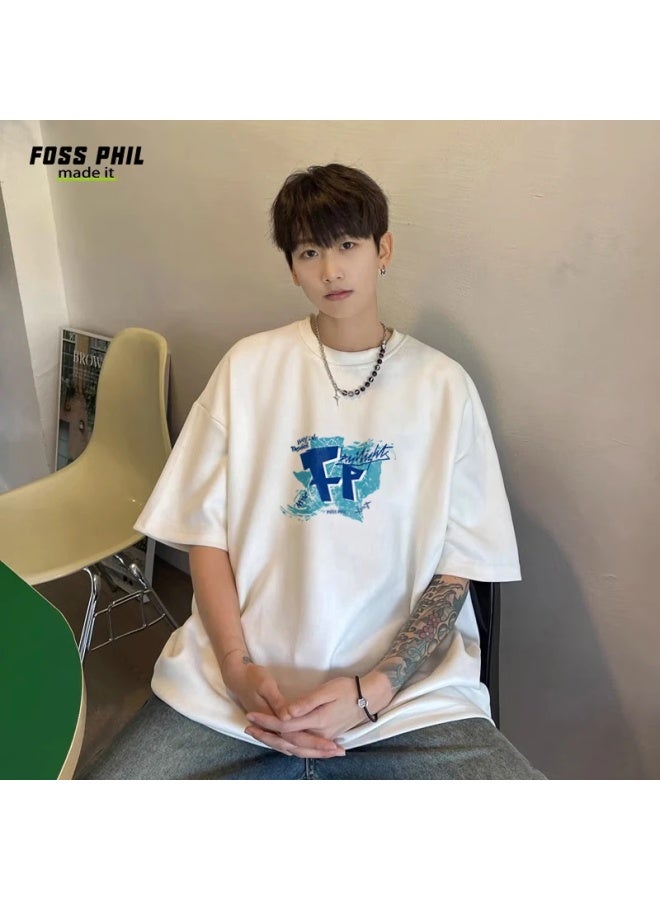 Foss Phil Short-sleeve T-shirt For Men And Women, Summer Pure Cotton Loose Trendy Versatile Printed Undershirt, Men's Clothing Dt05 White 3XL - Image 1