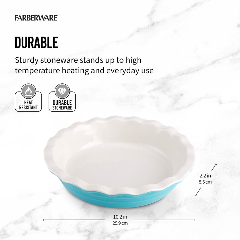 Farberware Bakers Advantage Durable Stoneware Ceramic Pie Dish, Ideal for Making Sweet and Savory Dishes, Heat Resistant, 10 Inch, Teal - Image 2