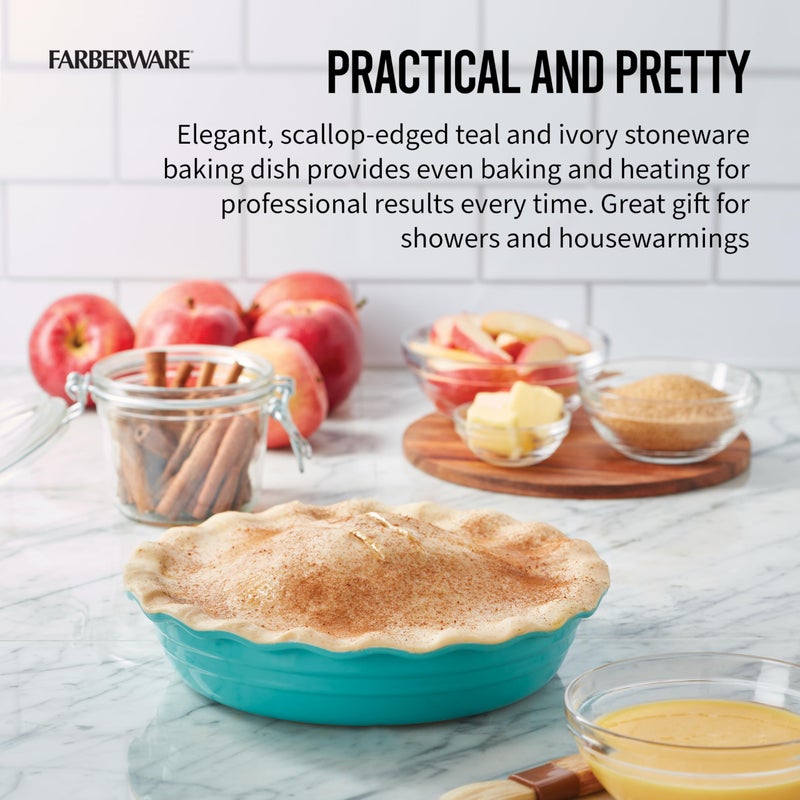 Farberware Bakers Advantage Durable Stoneware Ceramic Pie Dish, Ideal for Making Sweet and Savory Dishes, Heat Resistant, 10 Inch, Teal - Image 4