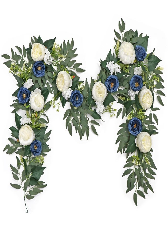 SOMYTING 2PCS Artificial Flower Garland with Roses 6.56 FT Artificial Eucalyptus Vine with Flowers Floral Greenery Garlands for Wedding Party Centerpiece Table Backdrop Wall Decor (Blue&White, 2PCS) - Image 1