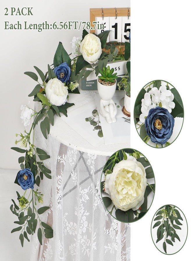SOMYTING 2PCS Artificial Flower Garland with Roses 6.56 FT Artificial Eucalyptus Vine with Flowers Floral Greenery Garlands for Wedding Party Centerpiece Table Backdrop Wall Decor (Blue&White, 2PCS) - Image 2