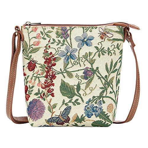 Signare Tapestry Small Crossbody Bag Sling Bag for Women with Sunflower Poppy Butterfly Dragonfly Morning Garden Design (SLING -MGD) - Image 1