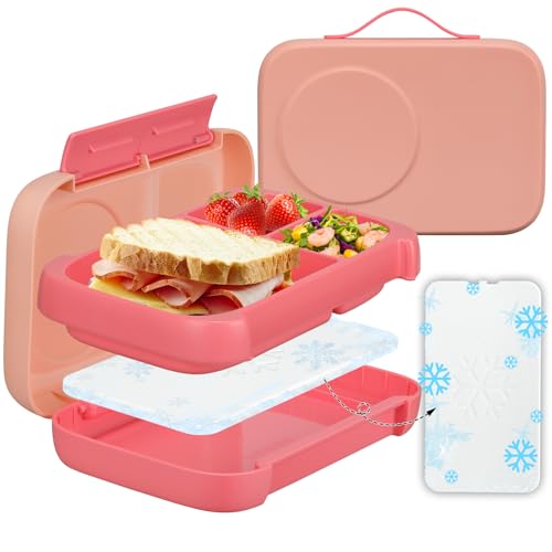 MAISON HUIS Chill Bento Lunch Box for Kids Adult with Ice Pack 3 Compartments Leakproof Lunch Containers Keep Food Cold for Girl Boy School