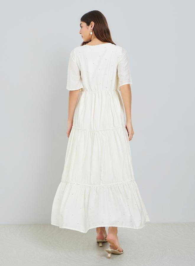 Styli Women Cream Bell Sleeve tiered Maxi Dress - Image 5