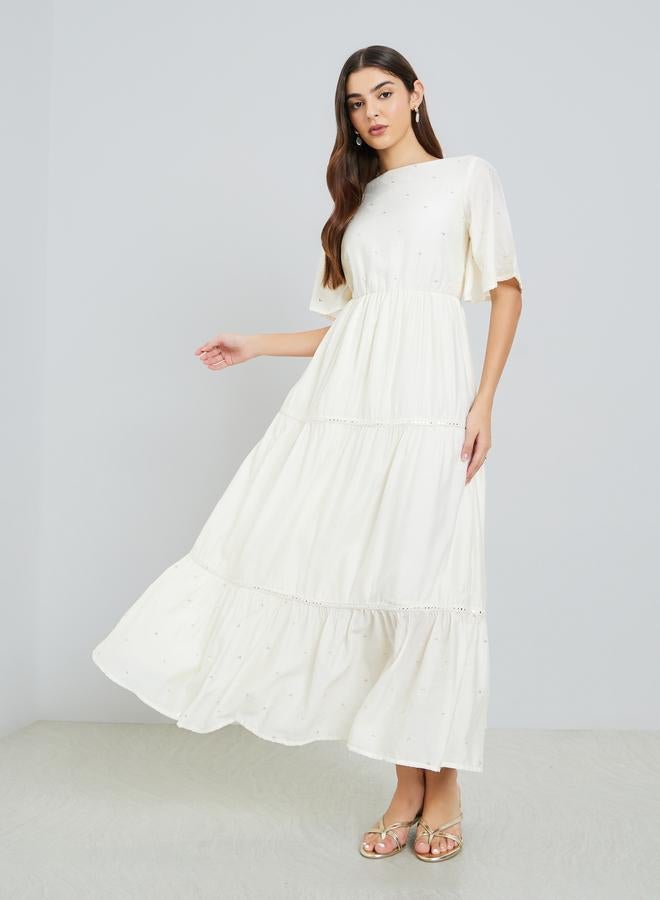 Styli Women Cream Bell Sleeve tiered Maxi Dress - Image 3