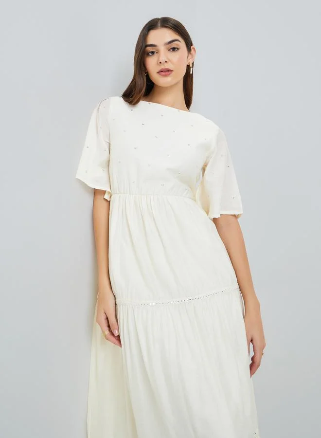 Styli Women Cream Bell Sleeve tiered Maxi Dress