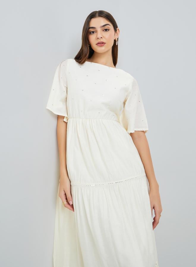 Styli Women Cream Bell Sleeve tiered Maxi Dress - Image 2