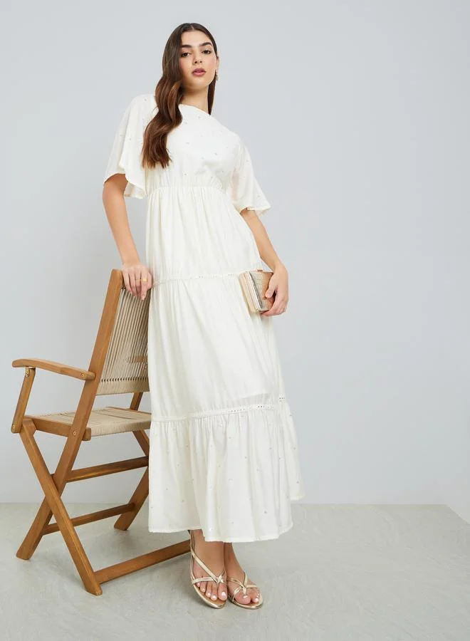 Styli Women Cream Bell Sleeve tiered Maxi Dress