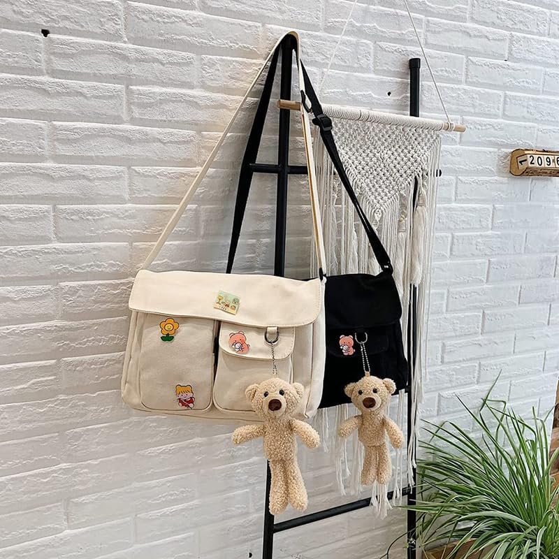 PRAGARI Canvas Crossbody Bag Messenger Cute Bag with Pins and Pendant for Women Girls Casual Shoulder Aesthetic School bag - Image 3
