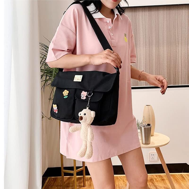 PRAGARI Canvas Crossbody Bag Messenger Cute Bag with Pins and Pendant for Women Girls Casual Shoulder Aesthetic School bag - Image 2
