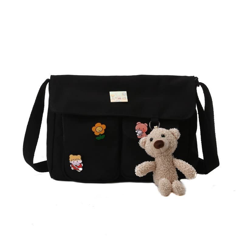 PRAGARI Canvas Crossbody Bag Messenger Cute Bag with Pins and Pendant for Women Girls Casual Shoulder Aesthetic School bag - Image 4