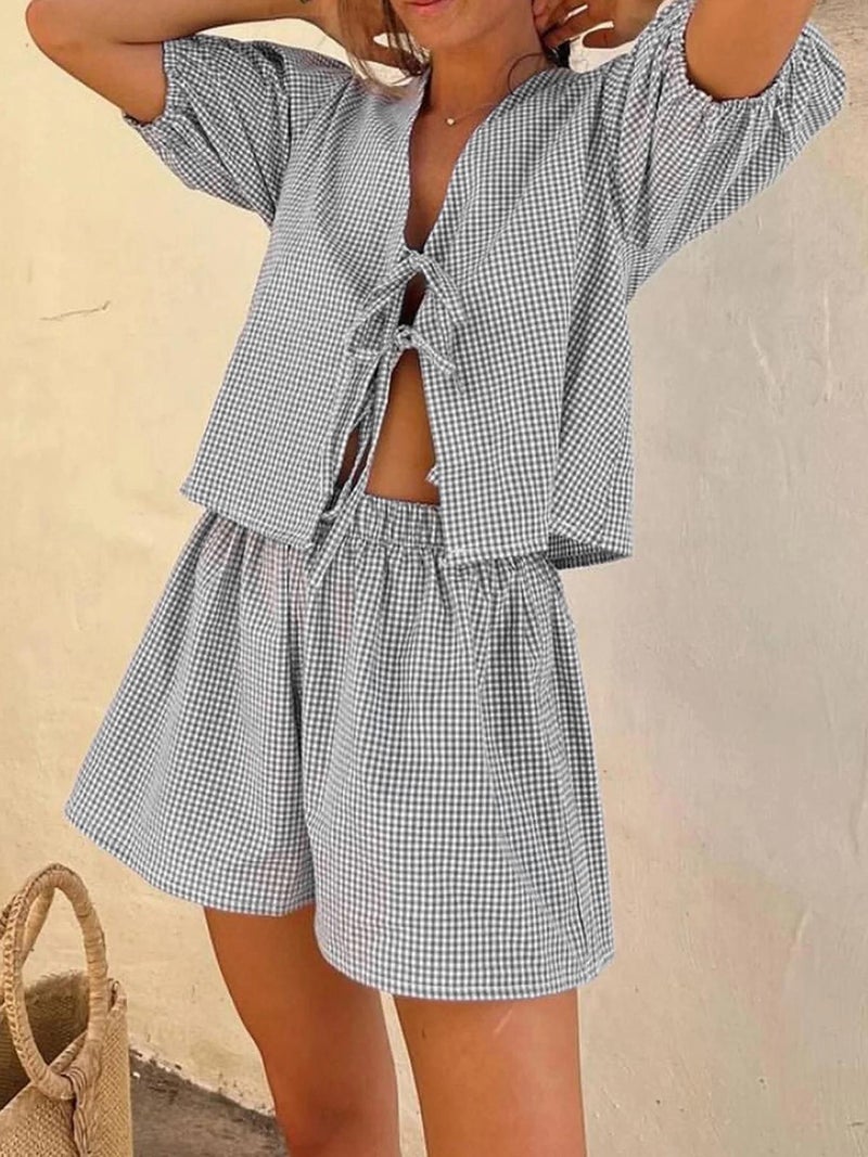2025 جديد وملابس Plaid Stripesd أكواد مرنة الموضة العادية ربط الخصر المرنة السراويل القصيرة بدلة - Image 1
