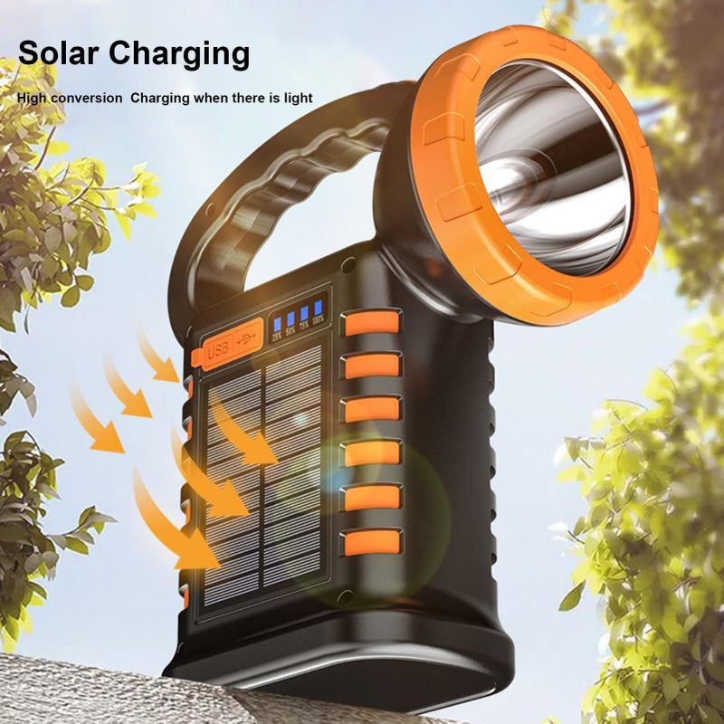مصباح يدوي LED يعمل بالطاقة الشمسية مع منفذ USB قابل للشحن، كشاف تخييم، مصباح للاستخدام الخارجي والداخلي في المنزل، باللون الأسود. - Image 3