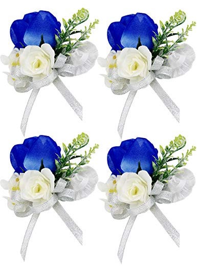 ChezMax ChezMax Handmade Rose Wrist Flower Artificial Hand Flower with Ribbon 4 PCS for Bride Groom Wedding Prom Party 