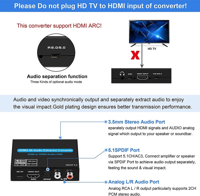 Tobo HDMI-Audio Extractor Splitter Adapter,HDmI to Optical SPDIF + 3.5mm Stereo Audio Out or ARC Adapter to Optical RCA 3.5MM Jack Support HDMI 2.0b HDCP 2.2 (TD-548H) - Image 4